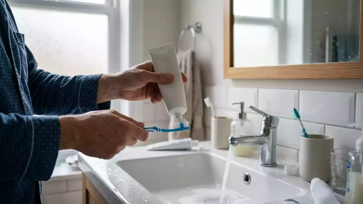 Fotorealistische Ansicht von Zahnpastatube im Badezimmer in realer Umgebung, neutral