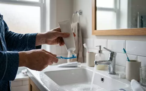 Fotorealistische Aufnahme von Zahnpastatube im Badezimmer zum Thema Blend-a-med Zahnpasta, ISIN US7427181091, natuerliches Licht - Foto: THN