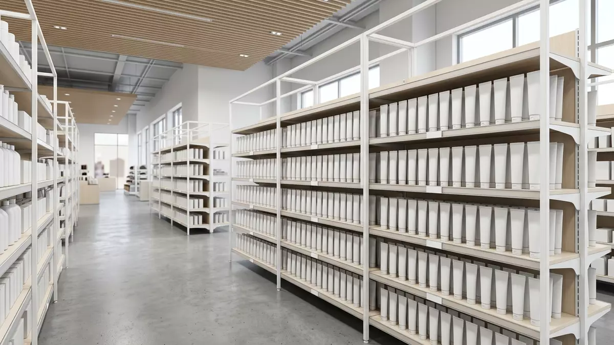 Architektur-Render im Drogeriemarkt mit Zahnpastatube im Ausstellungsbereich, neutral