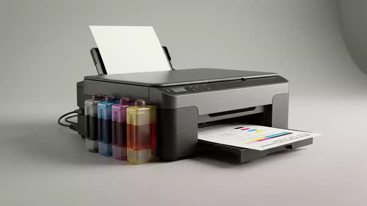 Fotorealistische Studioansicht von Tintentankdrucker in neutraler Produktdarstellung