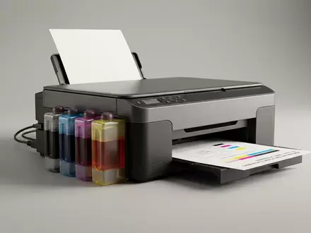 Fotorealistische Studioaufnahme von Tintentankdrucker zum Thema Epson EcoTank Drucker, ISIN JP3415000005, klare Lichtfuehrung - Foto: THN