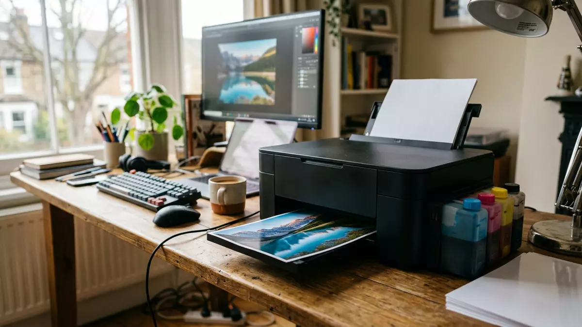 Fotorealistische Ansicht von Tintentankdrucker im Homeoffice in realer Umgebung