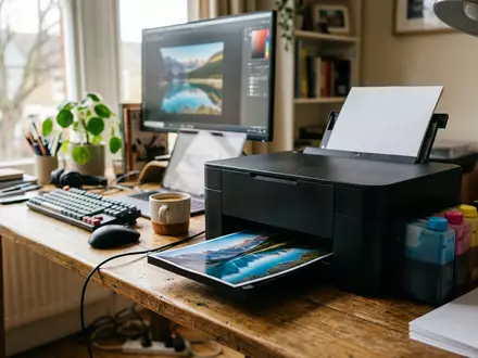 Fotorealistische Aufnahme von Tintentankdrucker im Homeoffice zum Thema Epson EcoTank Drucker, ISIN JP3415000005, natuerliches Licht - Foto: THN