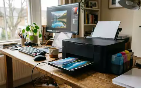 Fotorealistische Aufnahme von Tintentankdrucker im Homeoffice zum Thema Epson EcoTank Drucker, ISIN JP3415000005, natuerliches Licht - Foto: THN