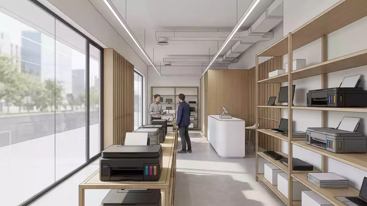 Architektur-Render im Bürotechnik-Fachhandel mit Tintentankdrucker im Ausstellungsbereich