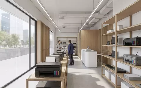 Architektur-Render im Bürotechnik-Fachhandel mit Tintentankdrucker zum Thema Epson EcoTank Drucker, ISIN JP3415000005, neutrales Tageslicht - Foto: THN