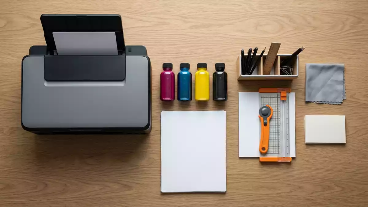 Flatlay-Arrangement rund um Tintentankdrucker mit passenden Requisiten von oben