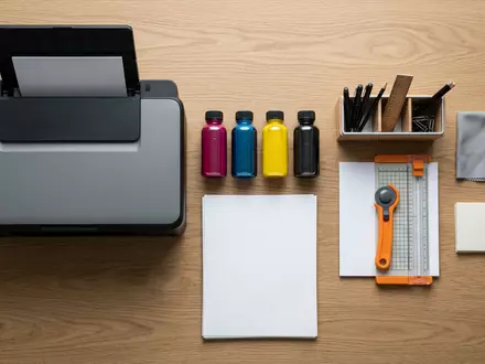 Flatlay-Arrangement rund um Tintentankdrucker zum Thema Epson EcoTank Drucker, ISIN JP3415000005, weiches Oberlicht - Foto: THN