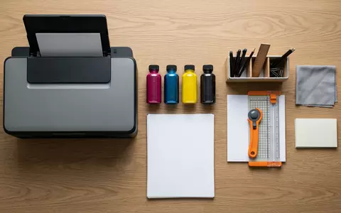 Flatlay-Arrangement rund um Tintentankdrucker zum Thema Epson EcoTank Drucker, ISIN JP3415000005, weiches Oberlicht - Foto: THN
