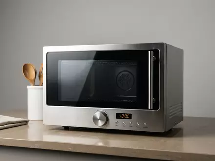 Fotorealistische Studioaufnahme von Mikrowelle zum Thema Sharp Mikrowelle, ISIN JP3359600008, klare Lichtfuehrung - Foto: THN