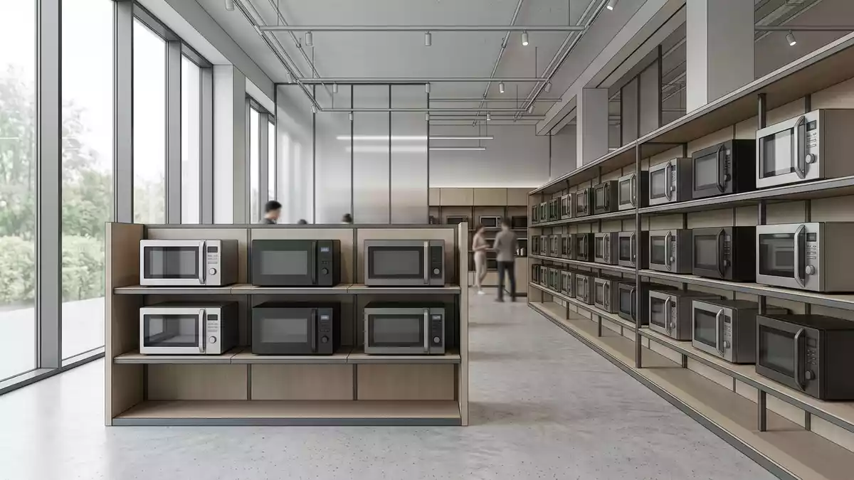 Architektur-Render im Elektrofachmarkt mit Mikrowelle im Ausstellungsbereich, neutral