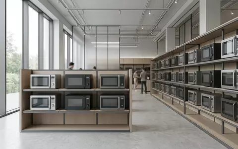 Architektur-Render im Elektrofachmarkt mit Mikrowelle zum Thema Sharp Mikrowelle, ISIN JP3359600008, neutrales Tageslicht - Foto: THN