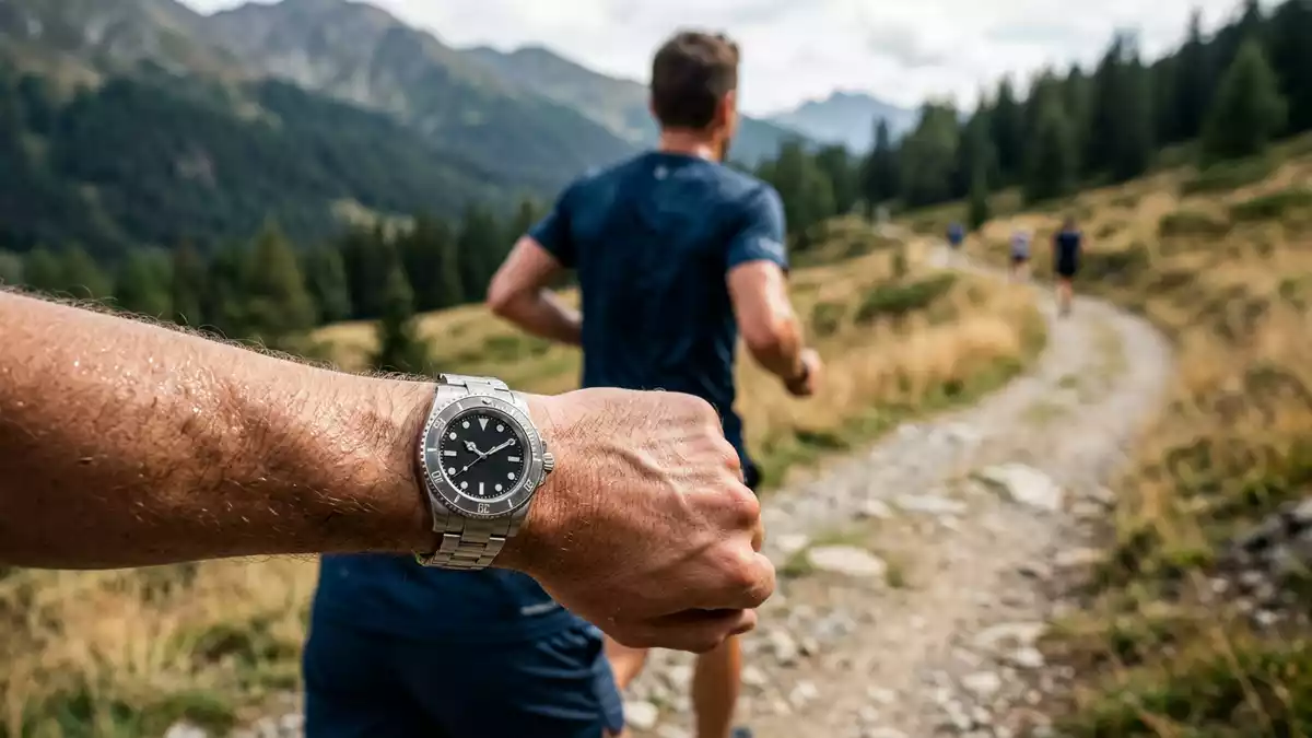 Fotorealistische Ansicht von Sportarmbanduhr beim Sport in realer Umgebung, neutral