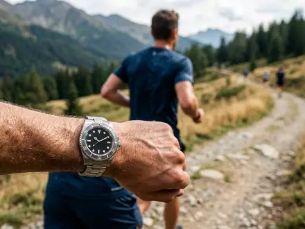 Fotorealistische Aufnahme von Sportarmbanduhr beim Sport zum Thema Seiko 5 Sports, ISIN JP3414750006, natuerliches Licht - Foto: THN