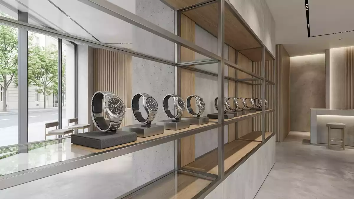 Architektur-Render im Uhrenfachgeschäft mit Sportarmbanduhr im Ausstellungsbereich