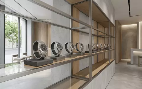 Architektur-Render im Uhrenfachgeschäft mit Sportarmbanduhr zum Thema Seiko 5 Sports, ISIN JP3414750006, neutrales Tageslicht - Foto: THN