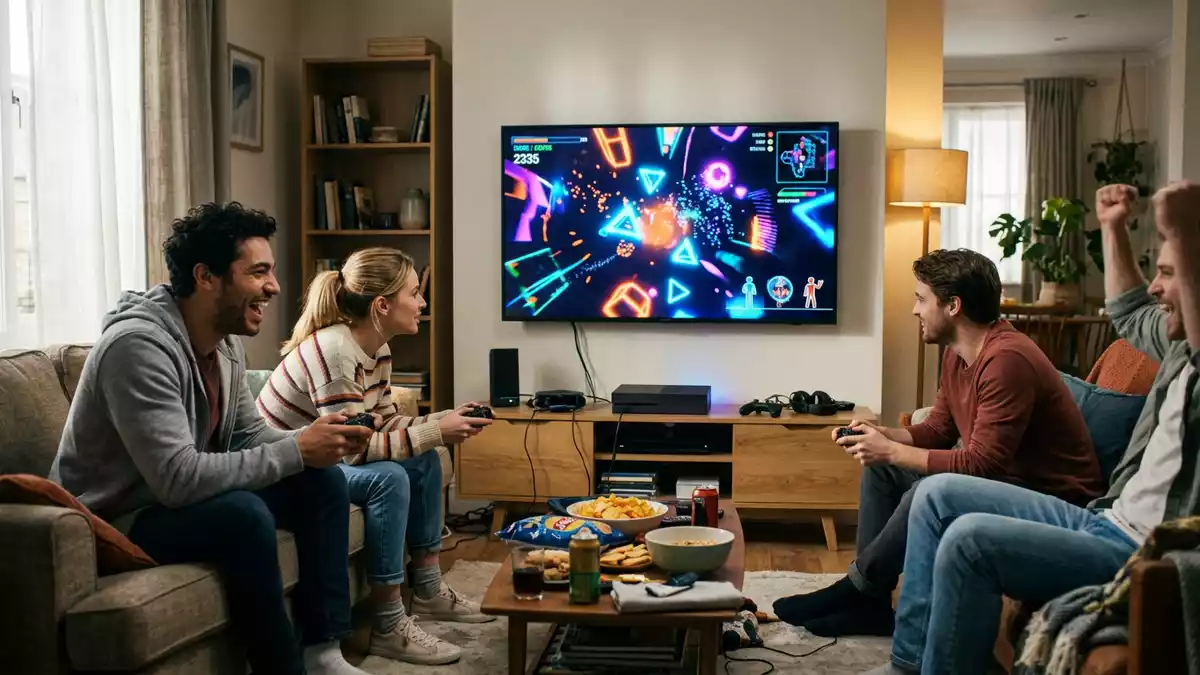 Fotorealistische Ansicht von Jump-and-Run-Spiel im Wohnzimmer in realer Umgebung