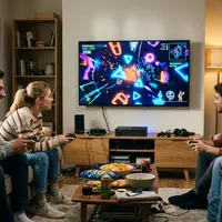Fotorealistische Aufnahme von Jump-and-Run-Spiel im Wohnzimmer zum Thema Sonic Superstars, ISIN JP3419050004, natuerliches Licht - Foto: THN