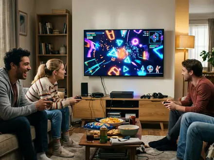 Fotorealistische Aufnahme von Jump-and-Run-Spiel im Wohnzimmer zum Thema Sonic Superstars, ISIN JP3419050004, natuerliches Licht - Foto: THN