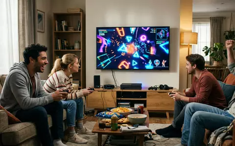 Fotorealistische Aufnahme von Jump-and-Run-Spiel im Wohnzimmer zum Thema Sonic Superstars, ISIN JP3419050004, natuerliches Licht - Foto: THN