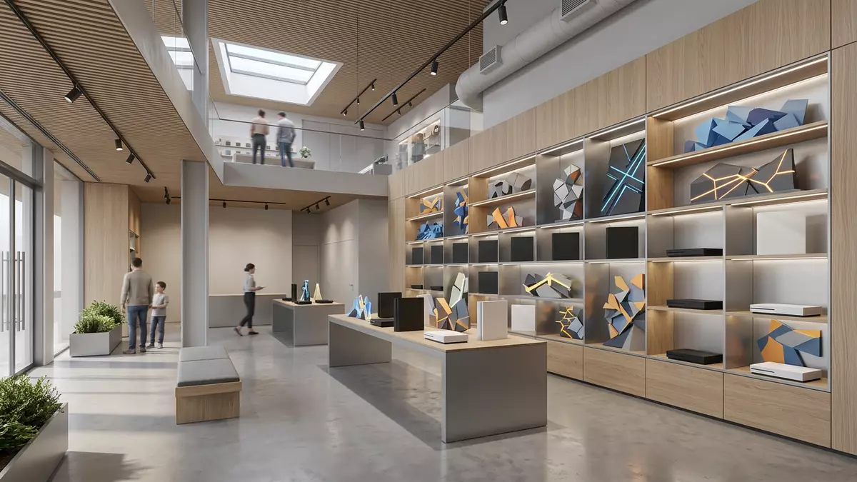 Architektur-Render im Spielefachhandel mit Jump-and-Run-Spiel im Ausstellungsbereich