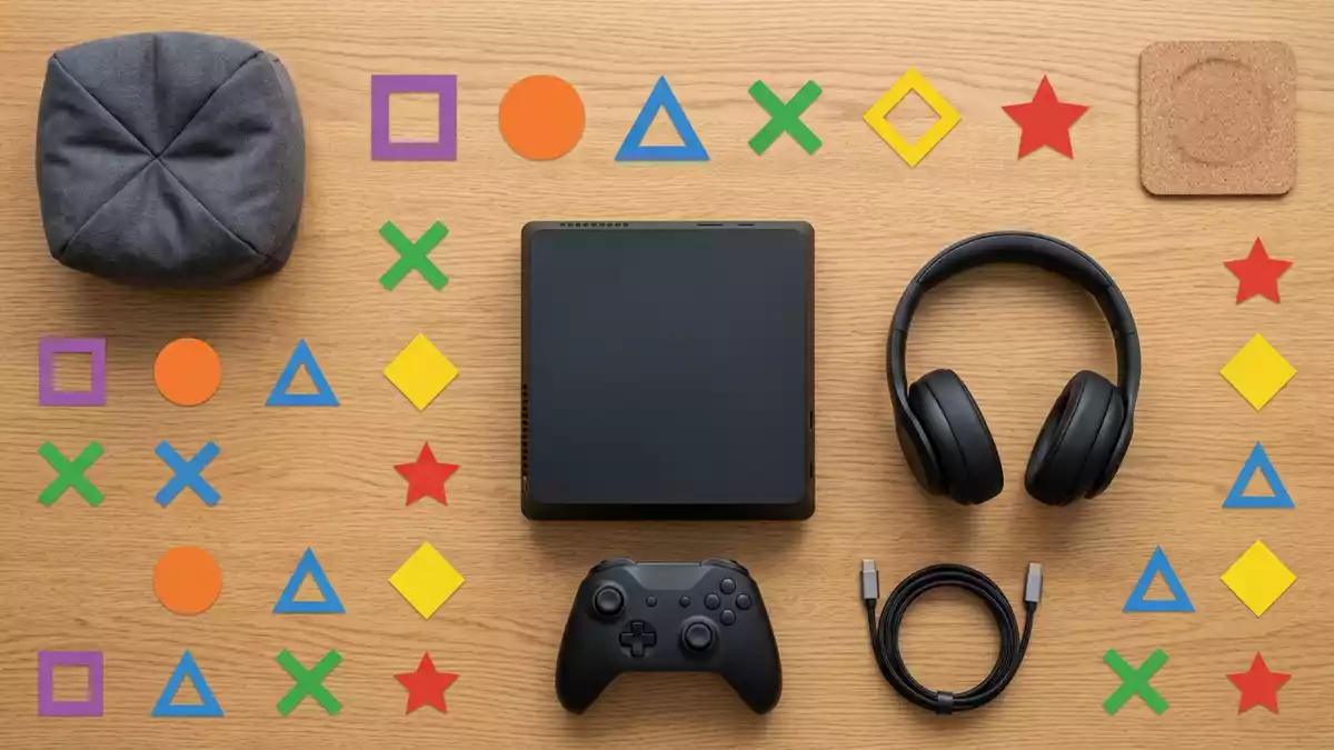 Flatlay-Arrangement rund um Jump-and-Run-Spiel mit passenden Requisiten von oben