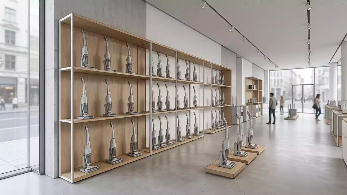Architektur-Render im Elektrofachmarkt mit Akku-Staubsauger im Ausstellungsbereich
