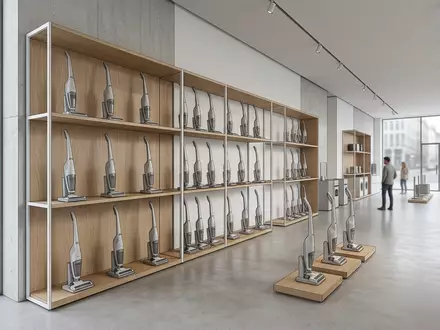 Architektur-Render im Elektrofachmarkt mit Akku-Staubsauger zum Thema Shark Staubsauger, ISIN US8204111005, neutrales Tageslicht - Foto: THN