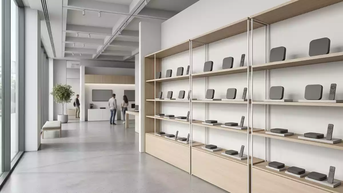 Architektur-Render im Elektronik-Fachmarkt mit Streaming-Adapter im Ausstellungsbereich