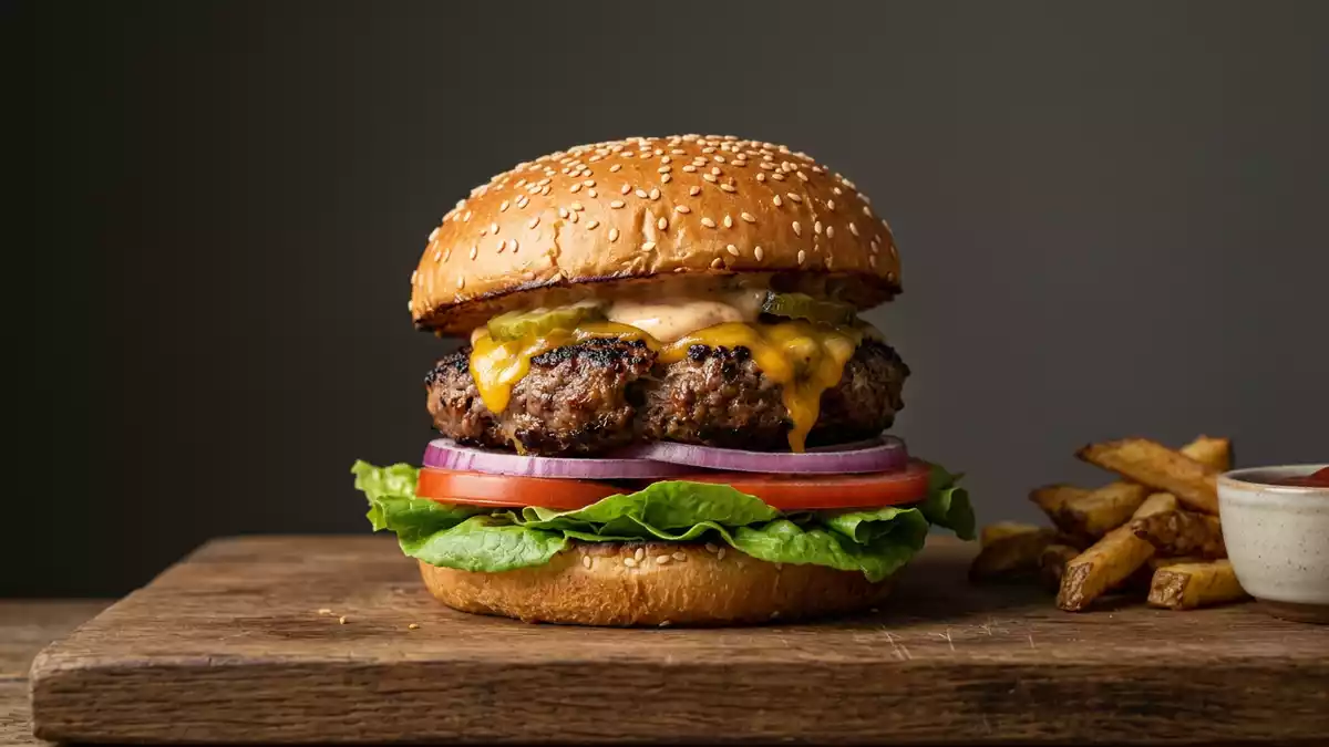 Fotorealistische Studioansicht von Hamburger in neutraler Produktdarstellung, neutral