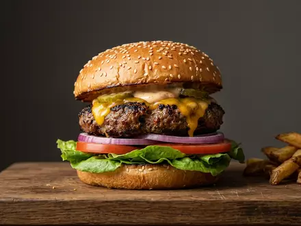 Fotorealistische Studioaufnahme von Hamburger zum Thema Burger King Whopper, ISIN CA76131D1033, klare Lichtfuehrung - Foto: THN