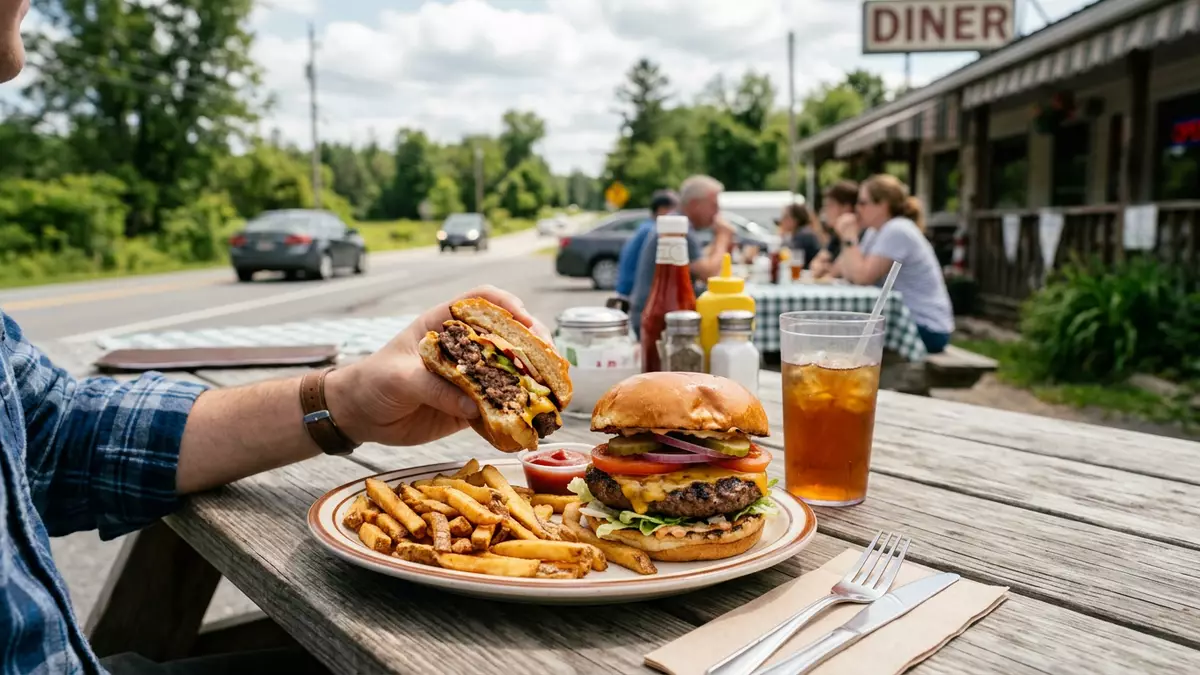 Fotorealistische Ansicht von Hamburger beim Essen in realer Umgebung, neutral