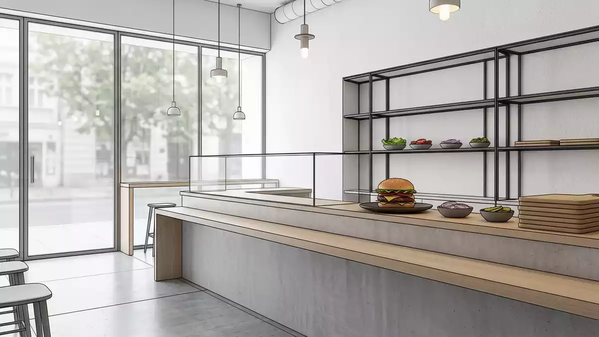 Architektur-Render im Schnellrestaurant mit Hamburger im Ausstellungsbereich, neutral