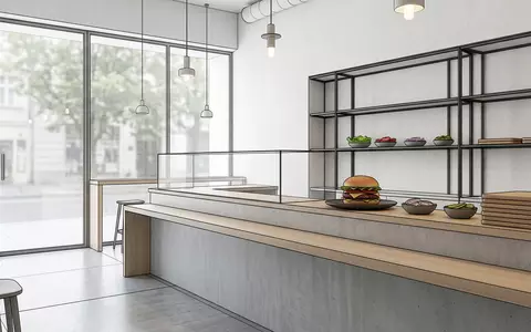 Architektur-Render im Schnellrestaurant mit Hamburger zum Thema Burger King Whopper, ISIN CA76131D1033, neutrales Tageslicht - Foto: THN