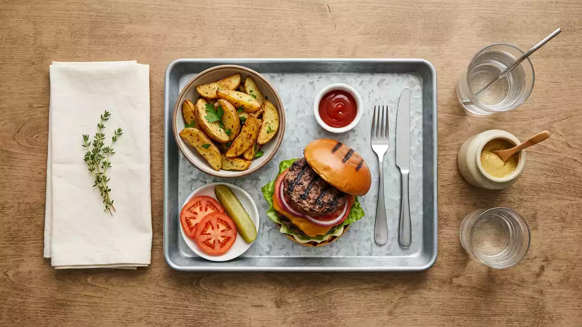 Flatlay-Arrangement rund um Hamburger mit passenden Requisiten von oben, neutral