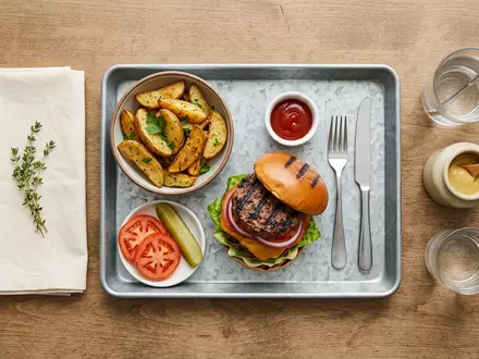 Flatlay-Arrangement rund um Hamburger zum Thema Burger King Whopper, ISIN CA76131D1033, weiches Oberlicht - Foto: THN
