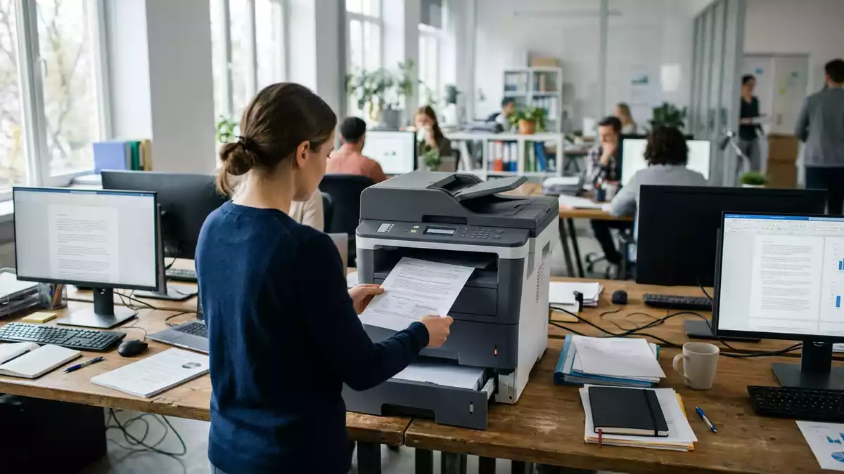 Fotorealistische Ansicht von Bürodrucker im Büro in realer Umgebung, neutral