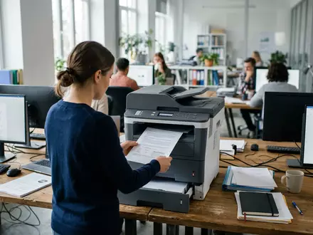 Fotorealistische Aufnahme von Bürodrucker im Büro zum Thema Ricoh Drucker, ISIN JP3973400009, natuerliches Licht - Foto: THN