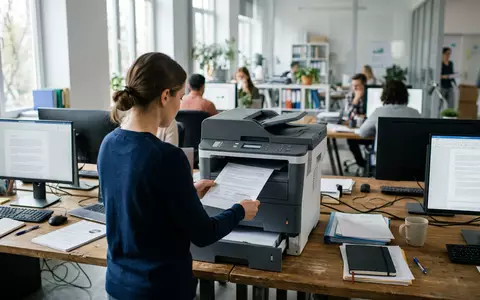 Fotorealistische Aufnahme von Bürodrucker im Büro zum Thema Ricoh Drucker, ISIN JP3973400009, natuerliches Licht - Foto: THN