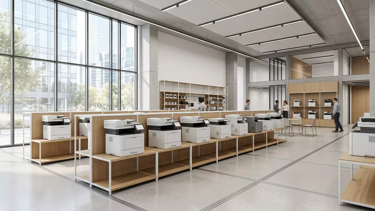 Architektur-Render im Bürotechnik-Fachhandel mit Bürodrucker im Ausstellungsbereich
