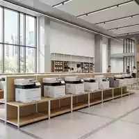 Architektur-Render im Bürotechnik-Fachhandel mit Bürodrucker zum Thema Ricoh Drucker, ISIN JP3973400009, neutrales Tageslicht - Foto: THN