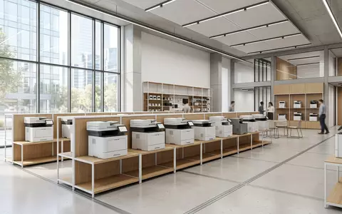 Architektur-Render im Bürotechnik-Fachhandel mit Bürodrucker zum Thema Ricoh Drucker, ISIN JP3973400009, neutrales Tageslicht - Foto: THN