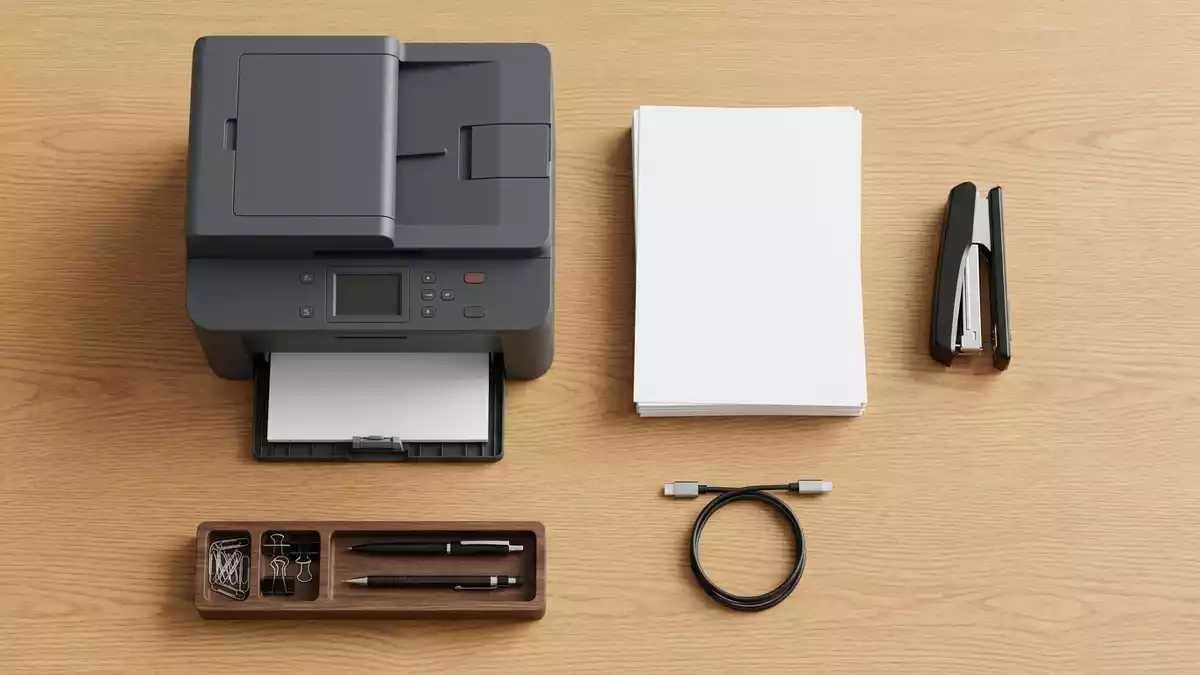 Flatlay-Arrangement rund um Bürodrucker mit passenden Requisiten von oben, neutral