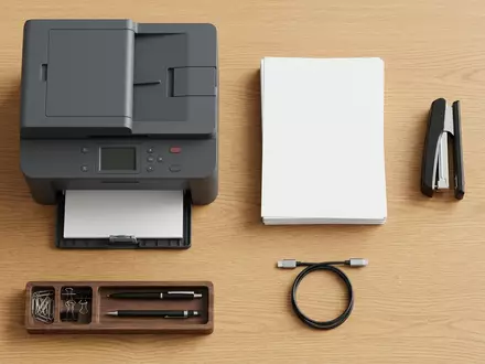 Flatlay-Arrangement rund um Bürodrucker zum Thema Ricoh Drucker, ISIN JP3973400009, weiches Oberlicht - Foto: THN