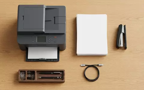 Flatlay-Arrangement rund um Bürodrucker zum Thema Ricoh Drucker, ISIN JP3973400009, weiches Oberlicht - Foto: THN
