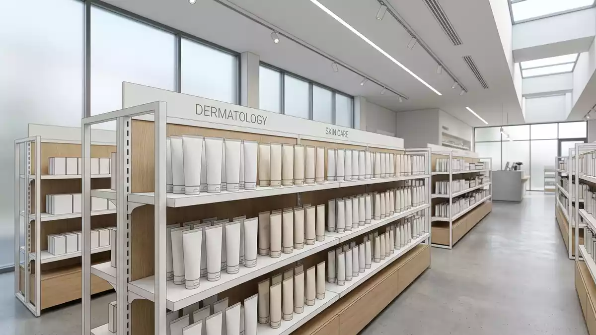 Architektur-Render im Apothekenfachhandel mit Hautsalbe im Ausstellungsbereich
