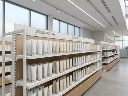 Architektur-Render im Apothekenfachhandel mit Hautsalbe zum Thema Bepanthen, ISIN CH0012032048, neutrales Tageslicht - Foto: THN