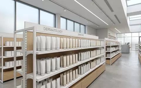 Architektur-Render im Apothekenfachhandel mit Hautsalbe zum Thema Bepanthen, ISIN CH0012032048, neutrales Tageslicht - Foto: THN