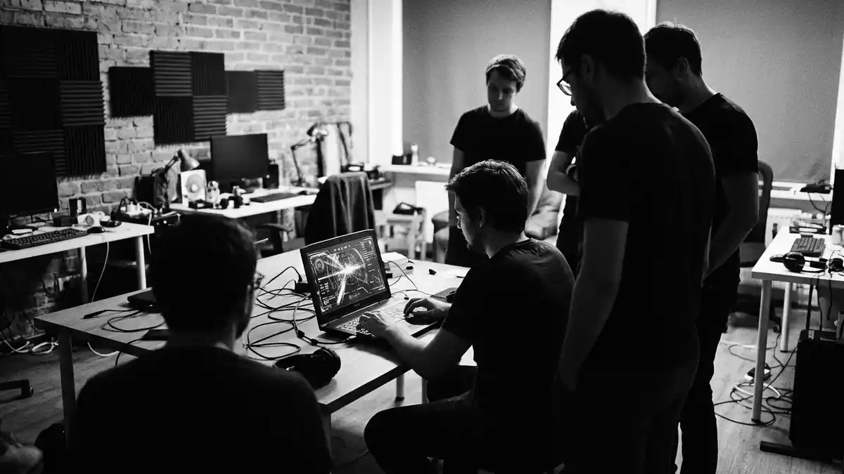 Schwarzweiss-Reportagebild mit Virtuelle Spielwährung in dokumentarischer Arbeitsumgebung