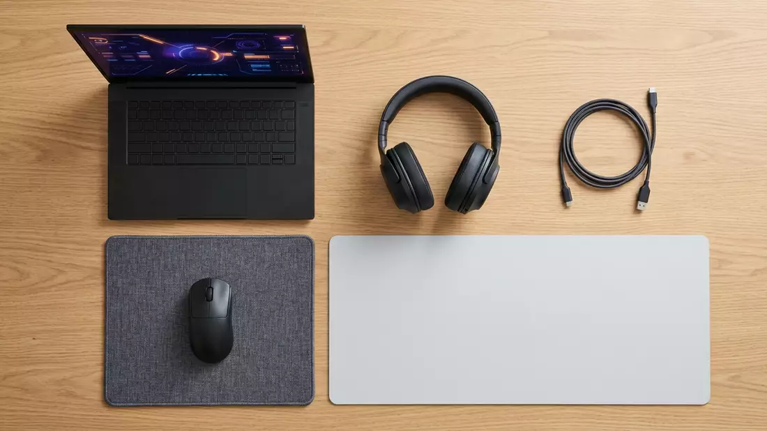 Flatlay-Arrangement rund um Virtuelle Spielwährung mit passenden Requisiten von oben